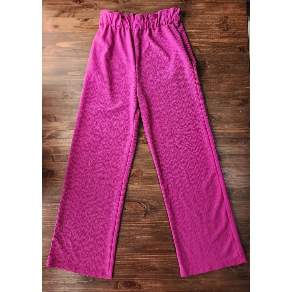 Heimish USA Women M Pants Magenta Pink Crinkle  Smocked Paperbag Waist Wide Leg